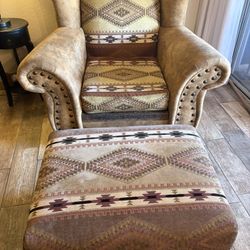 Oversized Western Chair And Ottoman  With Wood Feet. Great Condition!