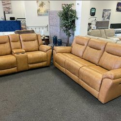 Top Grain Leather Sofa And Loveseat With Power Recliner With USB Ports 