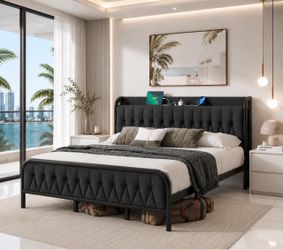 King Bed Frame with Charging Station, Heavy Duty Platform with Velvet Upholstered  K-1