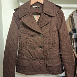 Burberry London brown double-breasted diamond quilted jacket with a Nova Check lining