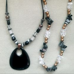 Beaded Necklace Bundle: Hematite + Glass Chip Gold Bead Necklace and Vtg Black Bead Pendant Necklace