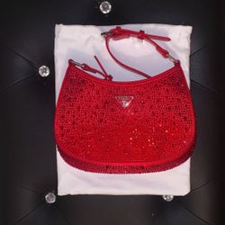 𝐏𝐫𝐚𝐝𝐚  Women's Cleo Satin Bag with Crystals RED