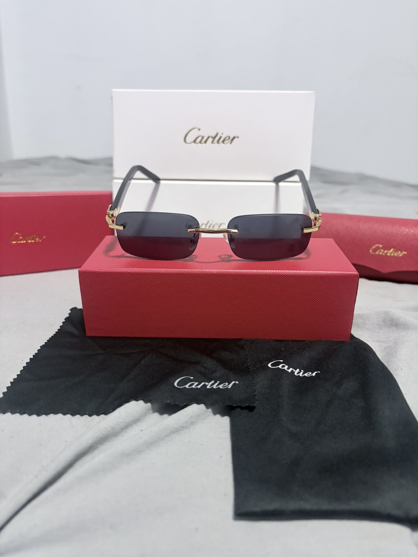 CARTIER Men's Rimless Metal Rectangle Sunglasses / Dark Shade