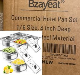 1/6 Size Hotel Pans with Lids - 4" Deep 6 Pack