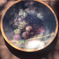 Ceramic Platter 12” Diameter Goldtone Trim. Bracket Ready To Hang