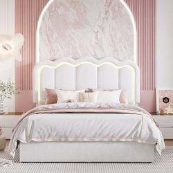 Full Size Bed Frame with LED Lights and Storage Drawer, White Upholstered Velvet Platform Bed with Adjuatable Wavy Headboard, Noise-Free, Easy Assembl