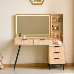 New Fluted Vanity Desk w/ LED Mirror & Charging Station