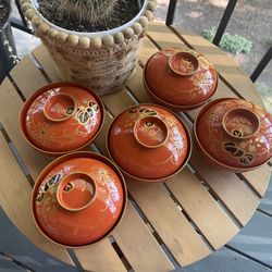 Set of natural wooden Japanese Wajima-nuri lacquerware lidded bowls
