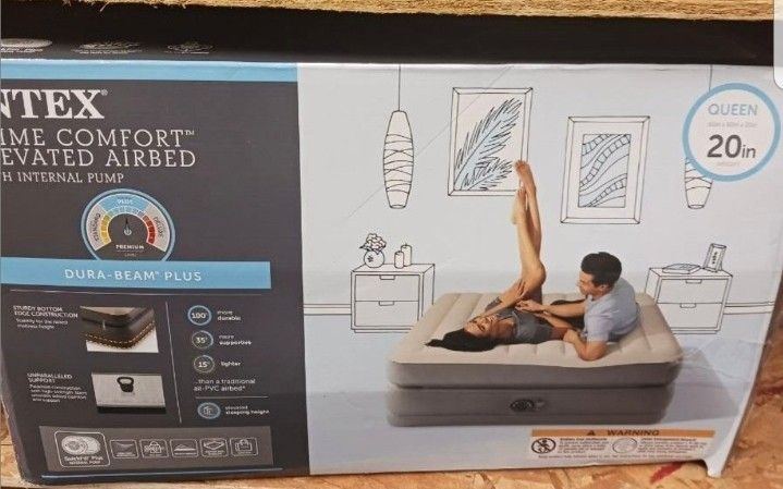 Intex Raised Comfort Pillowtop 20" Queen Air Mattress with Built in Pump