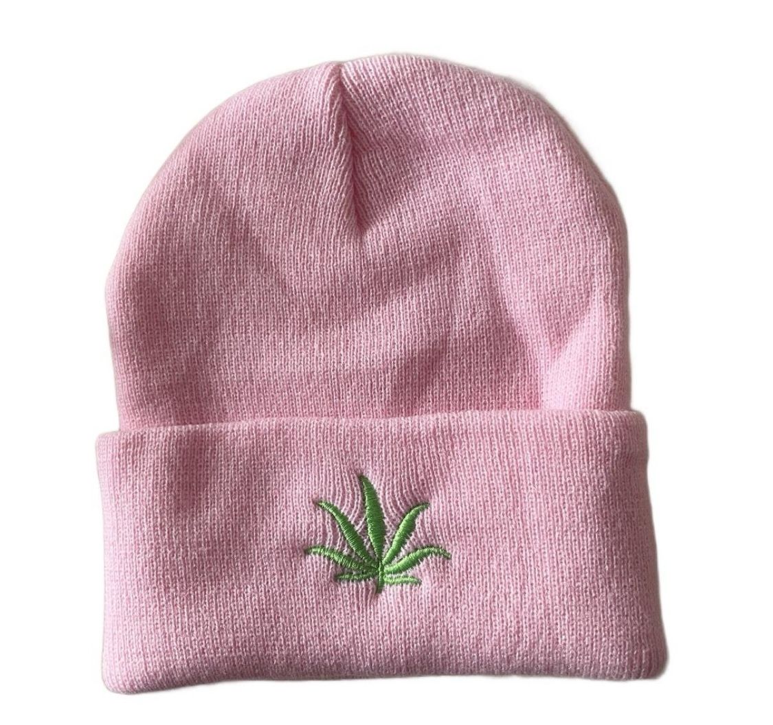 Brand New Ladies Green Leaf Embroidered Pink Beanie Hat