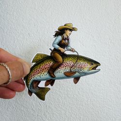 Trout Cowgirl Sticker Fly fishing Rainbow Brown Brook Trout Fishing Decal