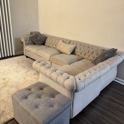 Light Gray/Beige Tufted Sectional Sofa 