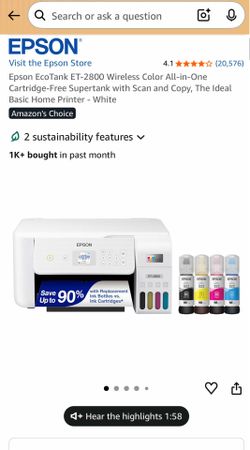 Epson EcoTank ET-2800 Wireless Color All-in-One Cartridge-Free Supertank with Scan and Copy, The Ideal Basic Home Printer - White