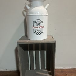 Farmhouse Wooden Crate and Decorative Milk Can. Can be sold separate.