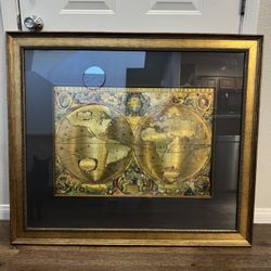 Large Framed Gold Foil Copy of “Nova Totivs Terrarvm Orbis Geographica  Hydrographica Tabvla" by Henricus Hondius in 1630