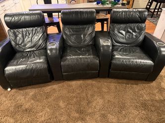 3-Seat Black Leather Home Theater Recliner Sofa
