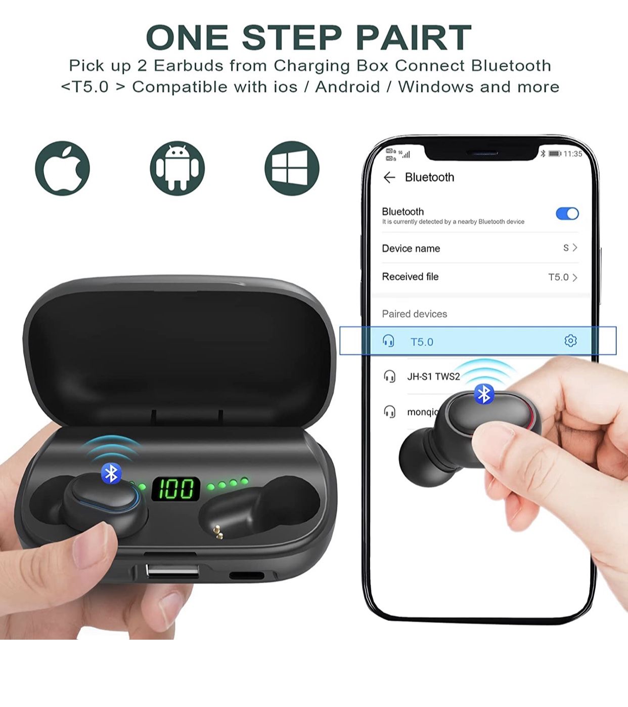 Wireless Earbuds Bluetooth 5.0 Headphones HiFi Stereo Noise Cancelling, IPX5 Waterproof Earphones Built-in Mic Headset for Sports, with Wireless Charg