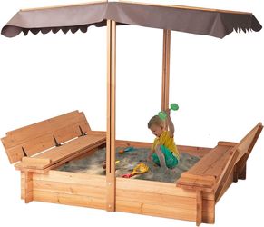 BIRASIL Wood Sandbox with Cover, Sand Box with 2 Bench Seats for Aged 3-8 Years Old, Sand Box for Backyard Garden, Beach Patio Outdoor (Natural Wood, 