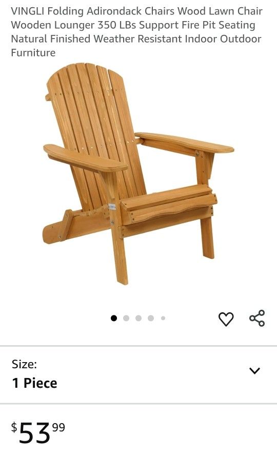 VINGLI Folding Adirondack Chairs Wood Lawn Chair Wooden Lounger 350 LBs Support Fire Pit Seating Natural Finished Weather Resistant Indoor Outdoor Fur