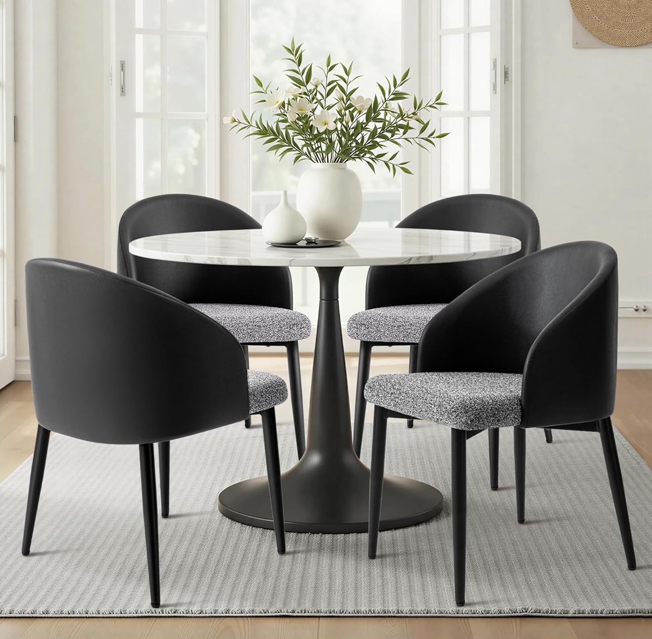 Dining Chairs Set of 4, Mid Century Modern Accent Chair, Black Faux Leather Side Chairs with Curved Backrest, Metal Legs, Adjustable Feet for Kitchen,