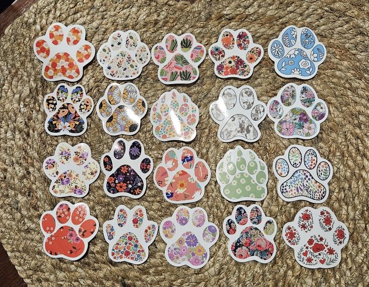 20 Floral Paw Print Stickers