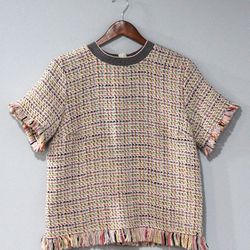 Zara Women Size XS Blouse Top Multicolor Tweed Short Sleeve Fringe Hem Crew Neck