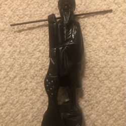 Vintage Hand Carved Wooden Asian Statue Art-9 x 12” Icludes Stick-Crack On Bottom To Front 