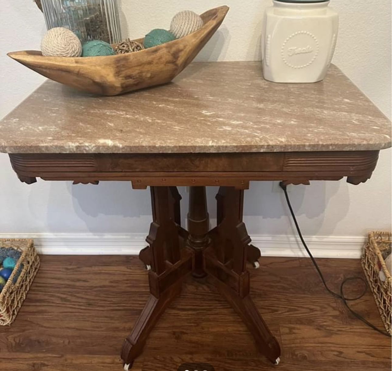 Antique Victorian Walnut Marble Top  Side Table 