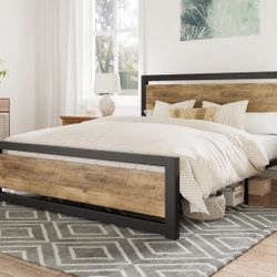 Wood and Black Metal Frame Bed with Headboard