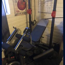 Weider Weight Bench + 100lbs Weights, Slam Ball, Barbell – Full Set!