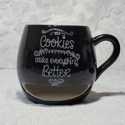 Vintage Black Ceramic Mug with Cookie Holder "Cookies Makes Everything Better"