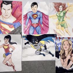 Super Hero Art Sketch Drawings 9x12 By Mike Kanelos Lot Of 5