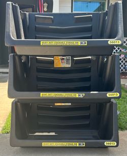 Set of 3 Heavy Duty Stackable Storage Bins - Garage Organization