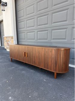 Brand New 70” Walnut Sliding Door TV Stand | Built-In Power Outlet