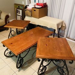 REAL WOOD coffee table + 2 end tables / night stands metal legs