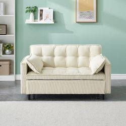 NEW Beige 3 in 1 Convertible Sleeper Sofa Bed, Futon with Side Pocket, Pull Out Couch Corduroy Sleeper with Adjustable Backrest