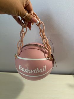 Pink/White Basketball-Shaped Round Top Handle Bag w/ Chain Strap, Zip, Detach