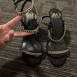 Brand new J Lo Heels Size 7 Black with Gold Chain Accents 