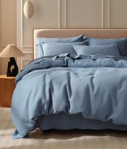 Bedsure 3 PCS 100% Cotton Waffle Weave Grey Blue Duvet Cover King - Retail $95