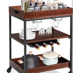 Rolling Island Cart, 3-Tier Rolling Bar Serving Cart with Wine Rack & Glass Holders, Industrial Baker’s Rack on Wheels, Convenient Handle, Brown
