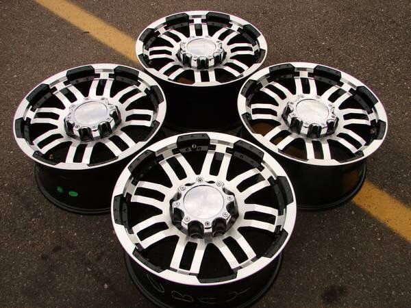 *** 18" 8-LUG DODGE CHEVY BLACK AND CHROME WHEELS NEW TAKEOFFS ***