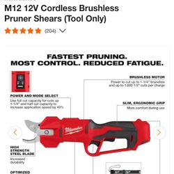 Milwaukee m12 cordless pruning shears 12v tool only new firm price 