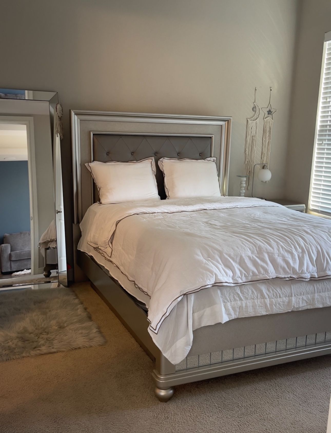 Paris silver bed with frame $350 Two Nightstands for $350 - each $175 vanity dresser $450