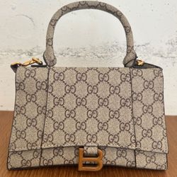 BALENCIAGA X GUCCI GG Supreme Monogram Small Hourglass Top Handle Bag Beige Ebony (Price $225)