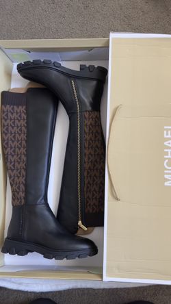 Michael Kors Ridley Leather and Logo Jacquard Knee Boot
