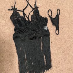 New Medium black lace fringe tank top panty Lingere set  boho festival outfit