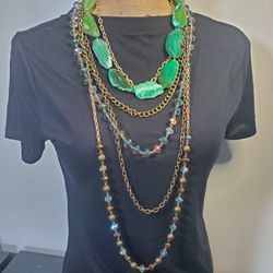 Bohemian Stone Necklace in Green + Turquoise Blue Mix on Gold Chain
