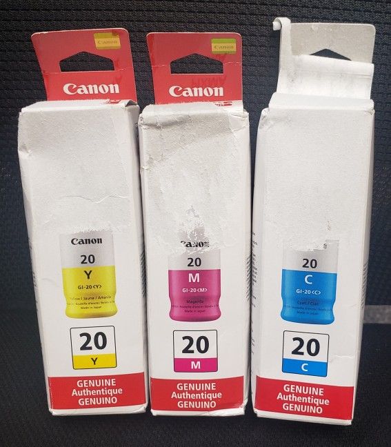 OEM Canon GI-20 cyan, magenta and yellow ink bottles