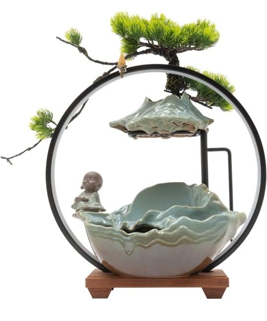 Tabletop Water Fountains Indoor Waterfall with LED Light, Mist Desk Fountain for Living Room, Bedroom, Entrance, Hallway, TV Cabinet