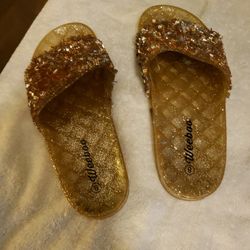 Weeboo Crystal Embellished Slide Sandals Glod Flat Shoes 